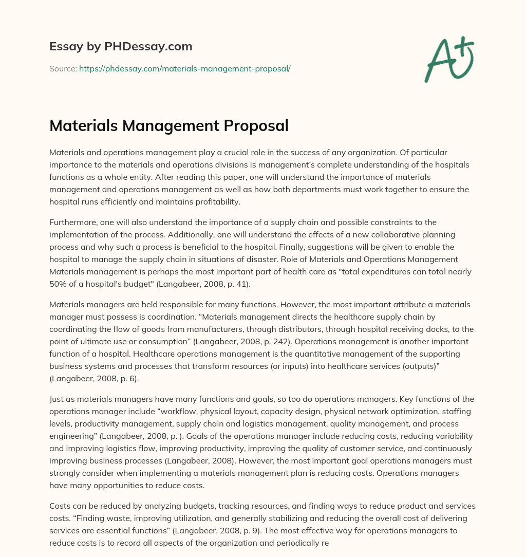 Materials Management Proposal essay