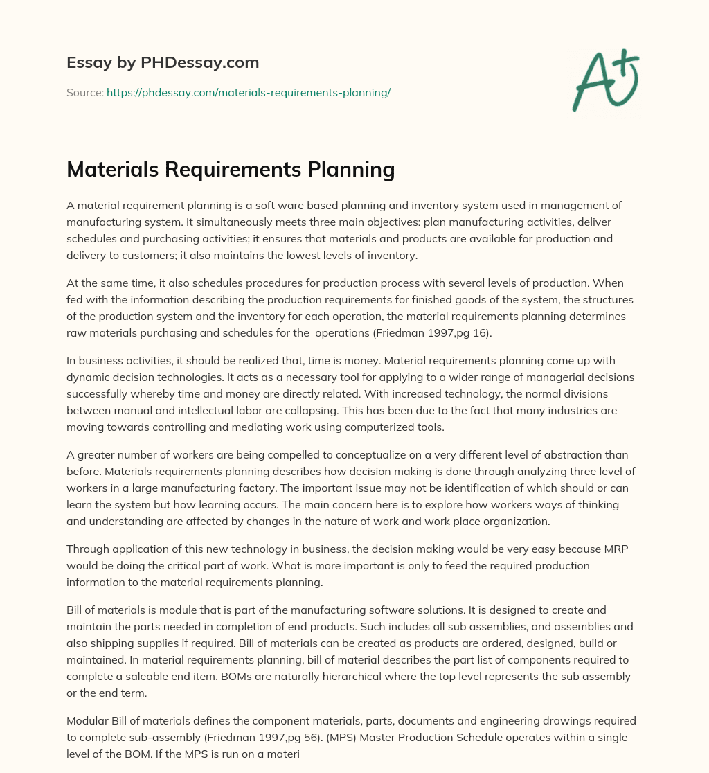 Materials Requirements Planning essay