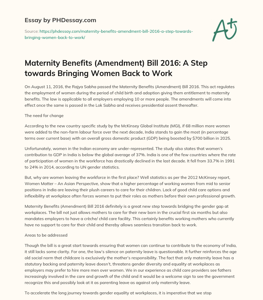 Maternity Benefits (Amendment) Bill 2016: A Step towards Bringing Women Back to Work essay
