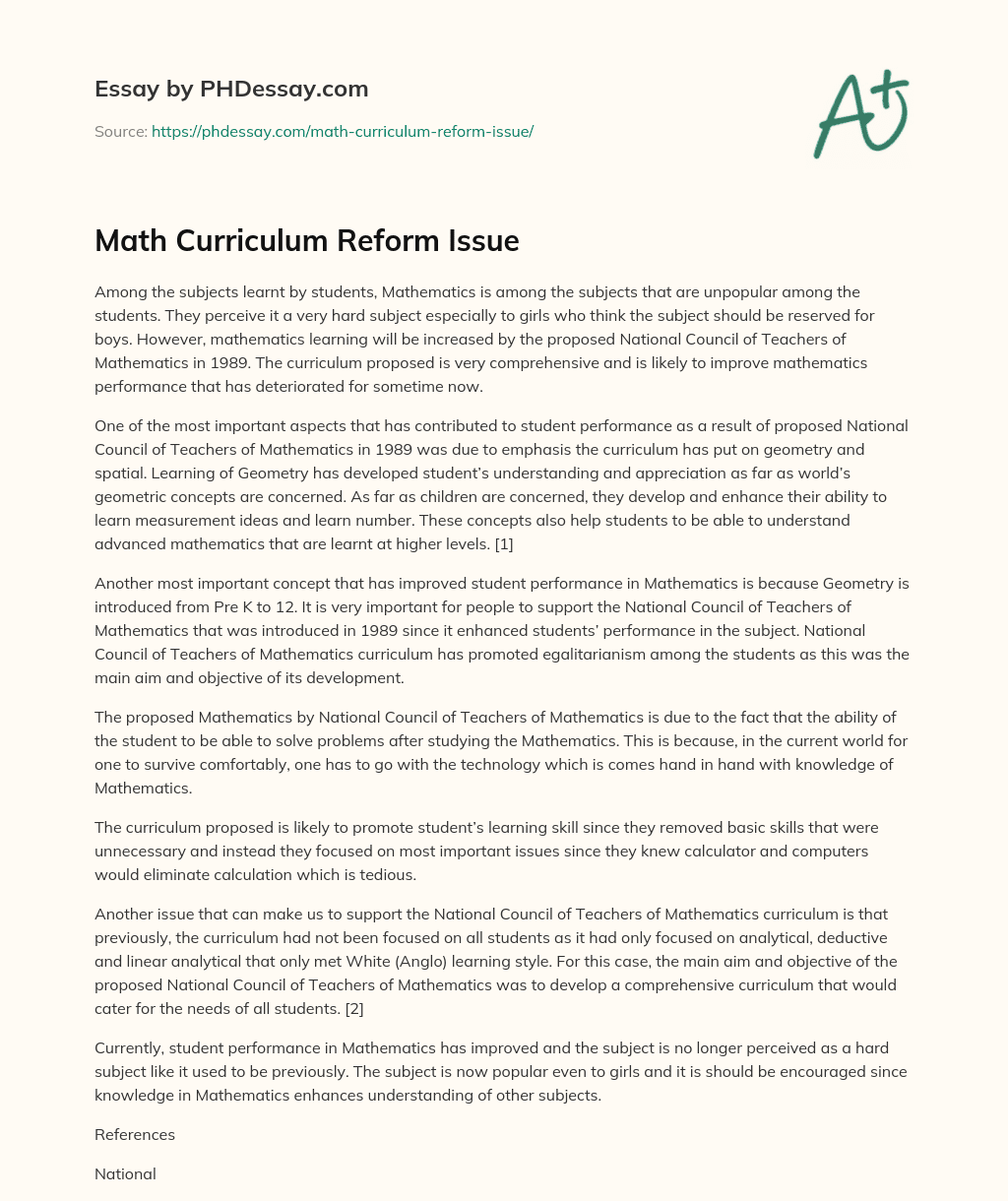 Math Curriculum Reform Issue essay