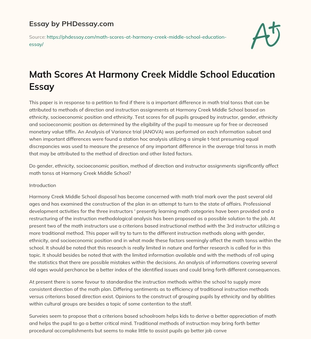 Math Scores At Harmony Creek Middle School Education Essay essay