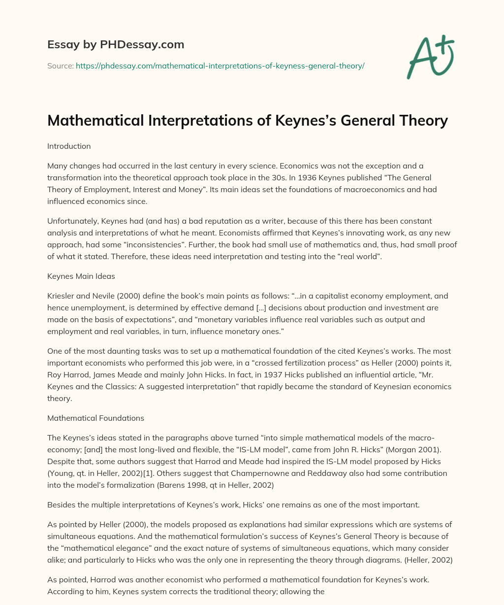 Mathematical Interpretations  of  Keynes’s General Theory essay