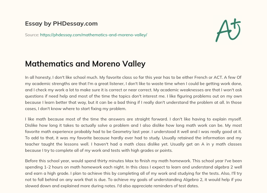 Mathematics and Moreno Valley essay