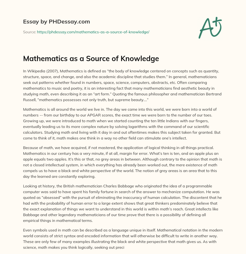 Mathematics as a Source of Knowledge essay