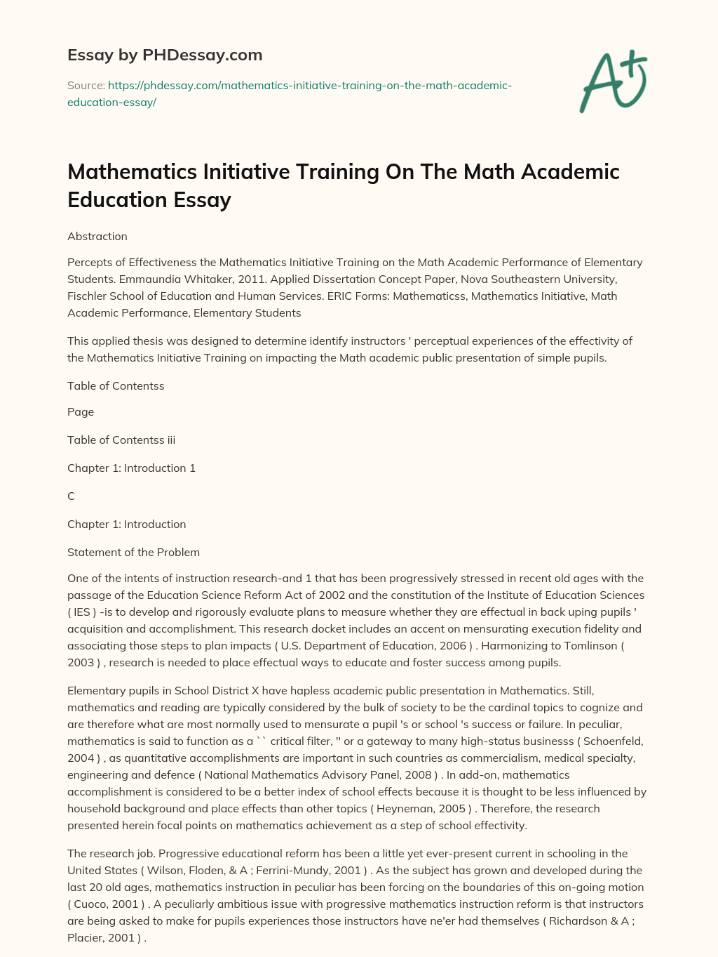 Mathematics Initiative Training On The Math Academic Education Essay essay