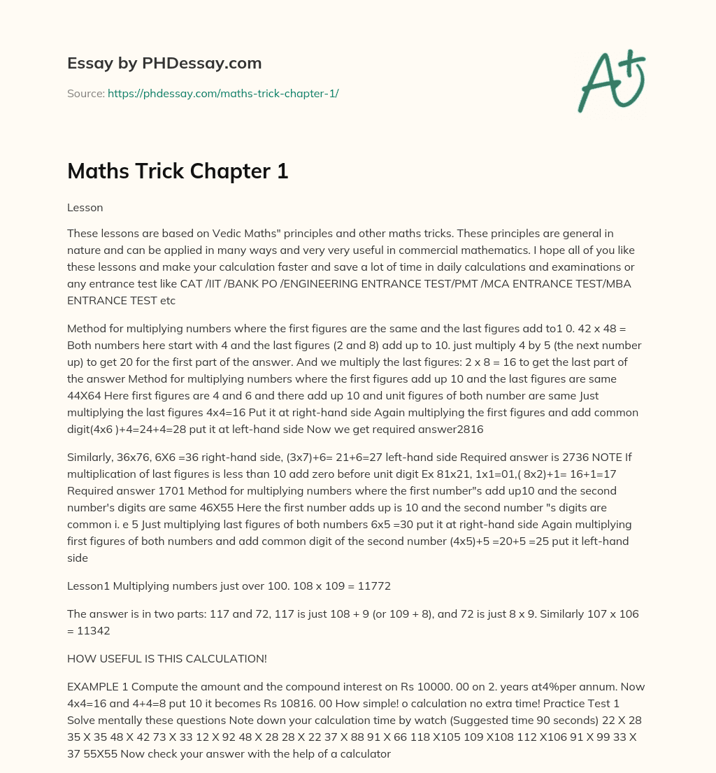 Using Vedic Maths principles to make calculations faster and easier essay