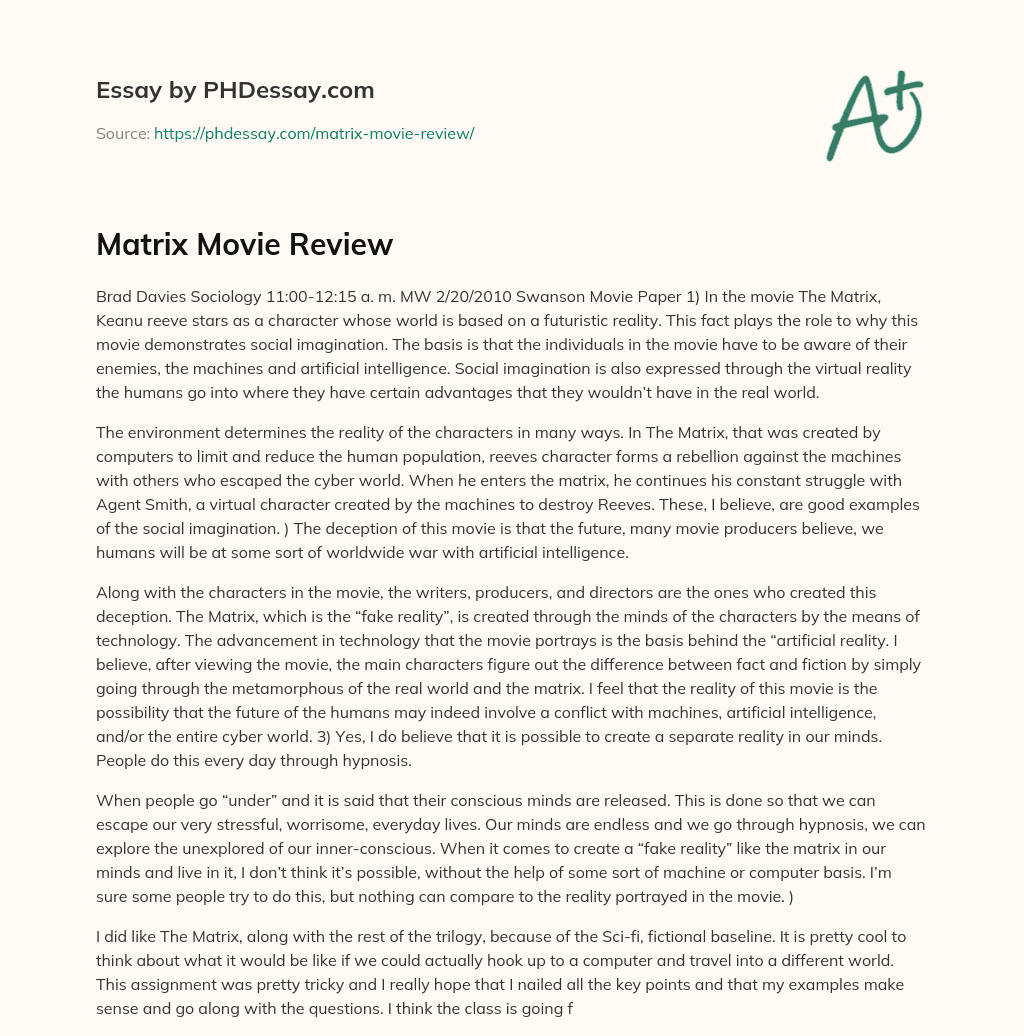Social Imagination in The Matrix: Humans vs. Machines essay