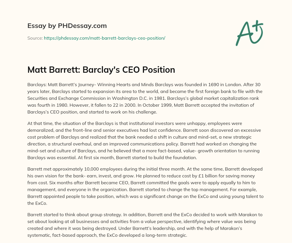 Matt Barrett: Barclay’s CEO Position essay