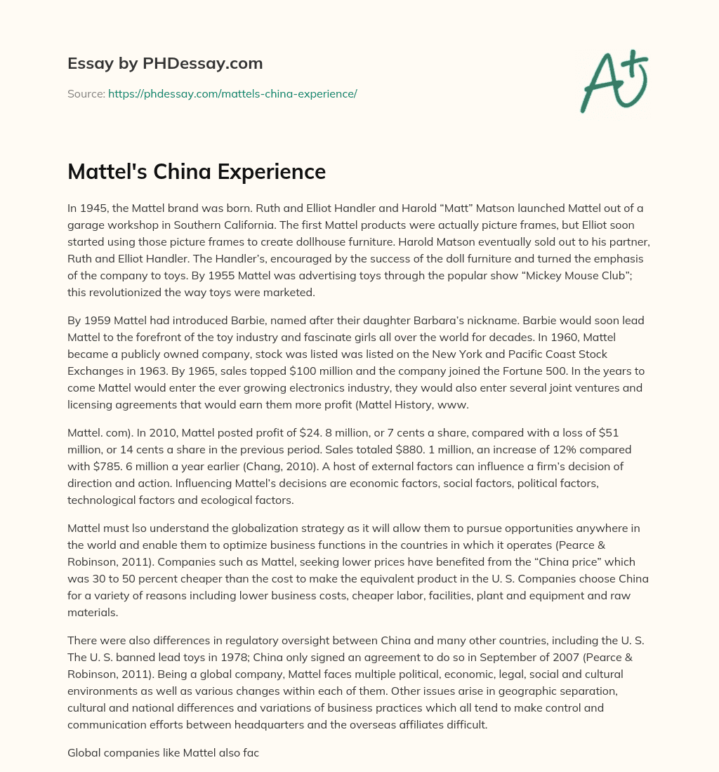 Mattel’s China Experience essay