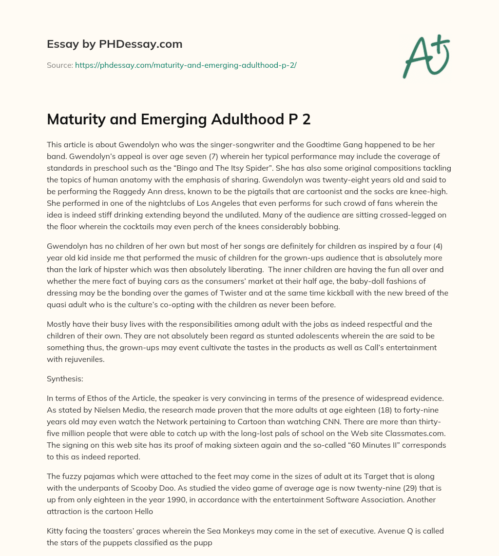 Maturity and Emerging Adulthood P 2 essay