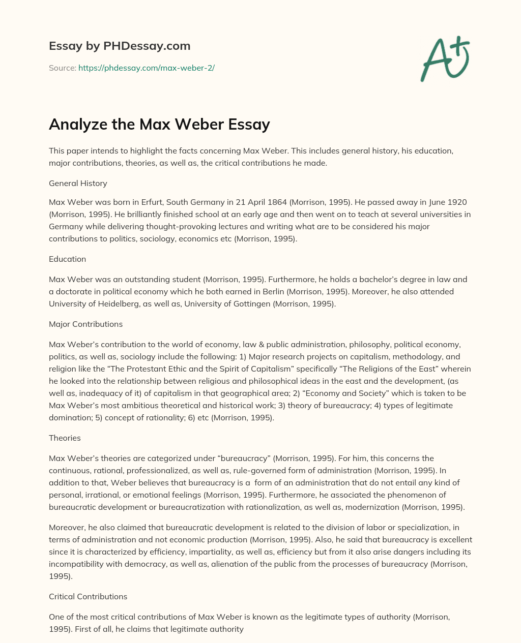 Max Weber’s Life, Education, and Contributions to Various Fields essay