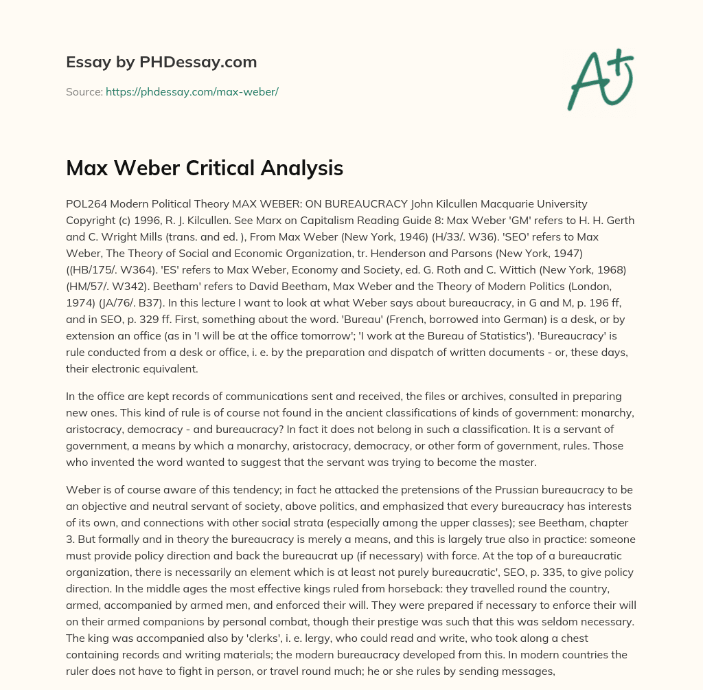 Max Weber Critical Analysis essay