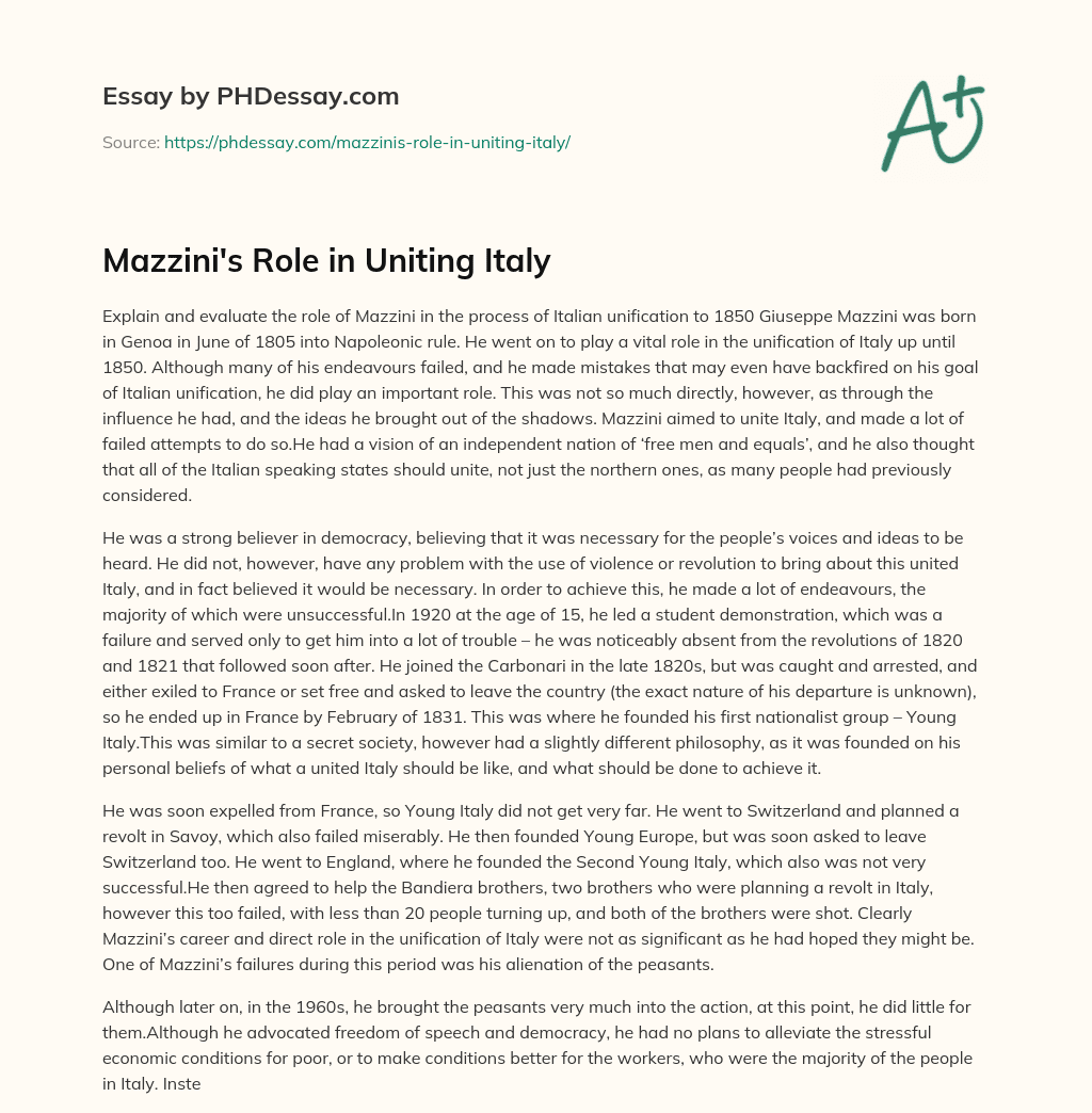 Mazzini’s Role in Uniting Italy essay