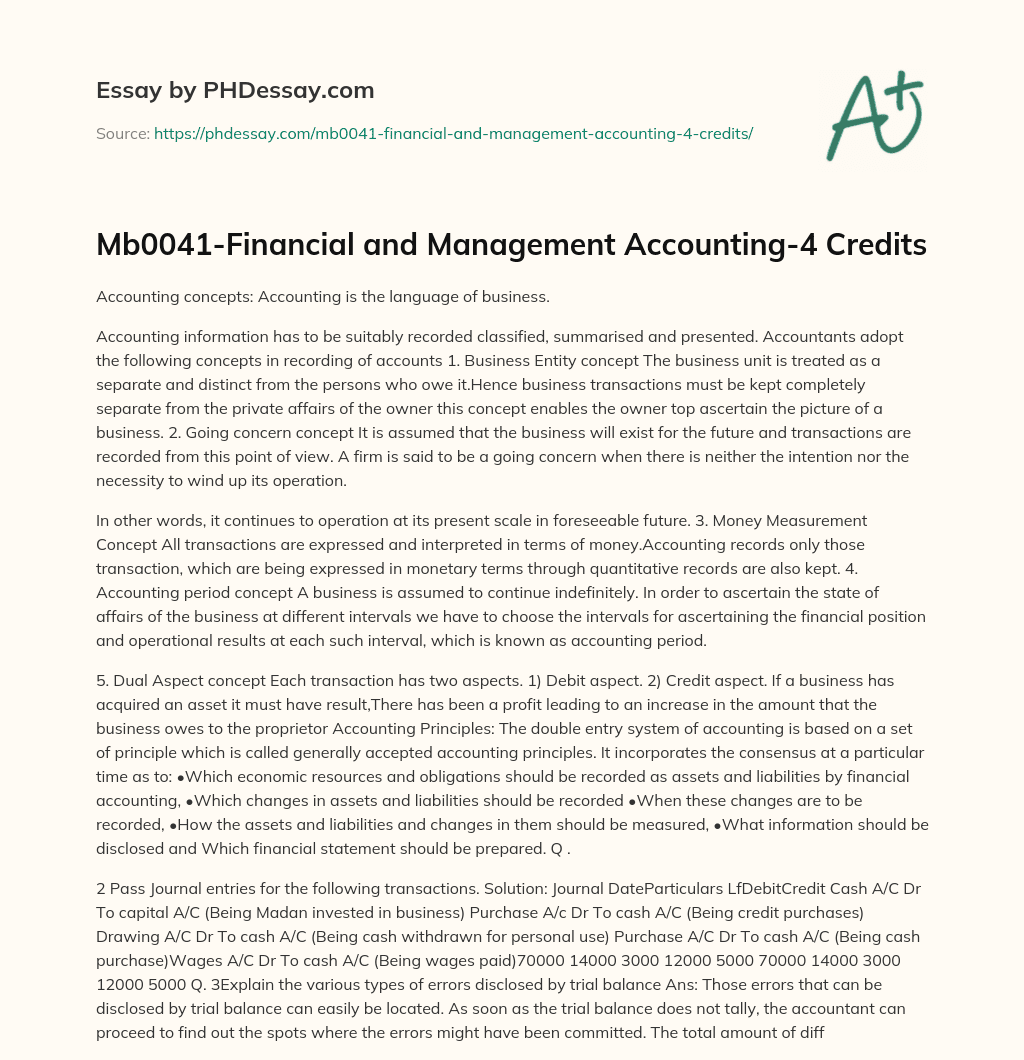 Mb0041-Financial and Management Accounting-4 Credits essay