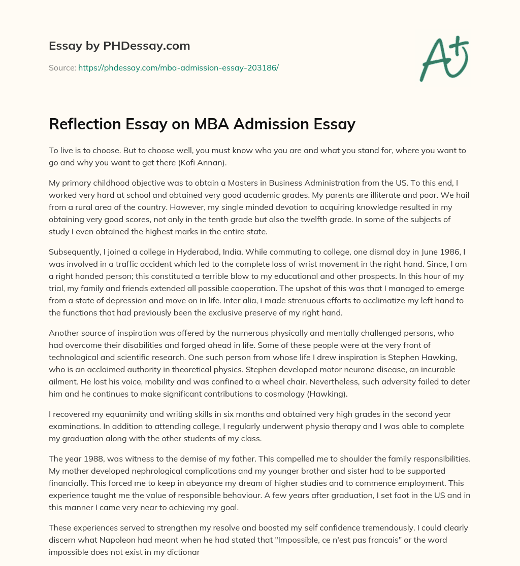 Reflection Essay on MBA Admission Essay essay