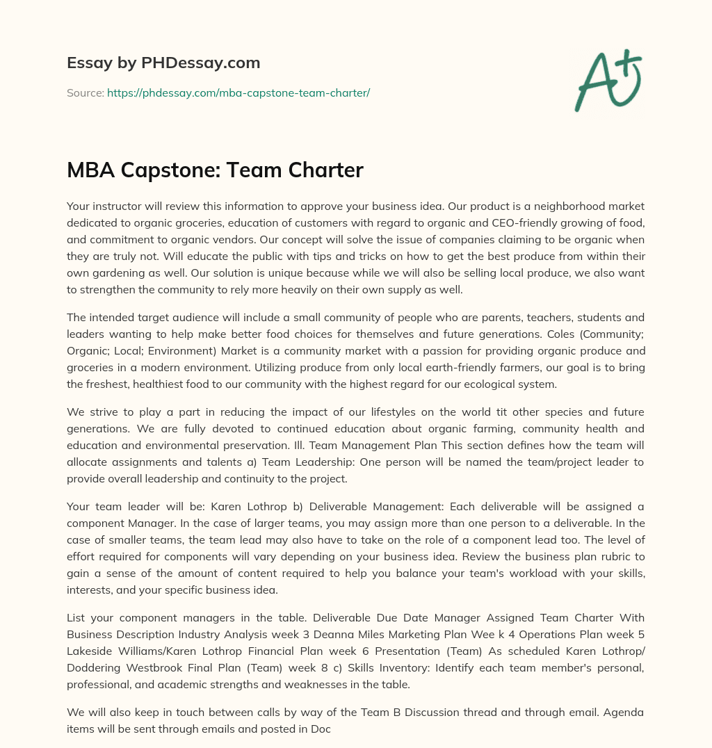 MBA Capstone: Team Charter essay