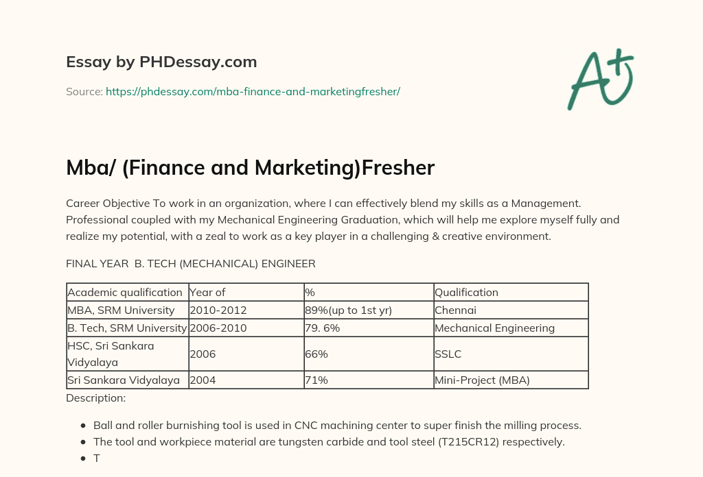 Mba/ (Finance and Marketing)Fresher essay