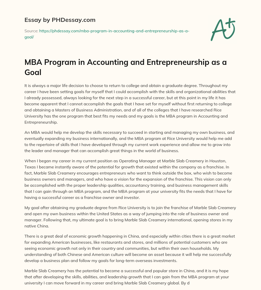 MBA Program in Accounting and Entrepreneurship as a Goal essay