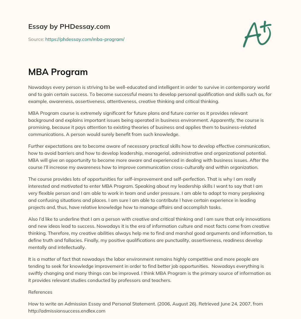 Importance of MBA Program for Personal and Professional Success essay