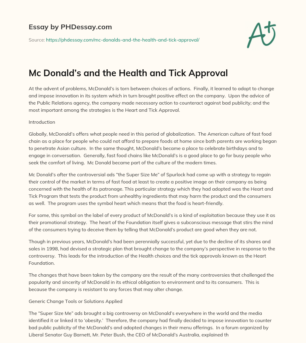 Mc Donald’s and the Health and Tick Approval essay