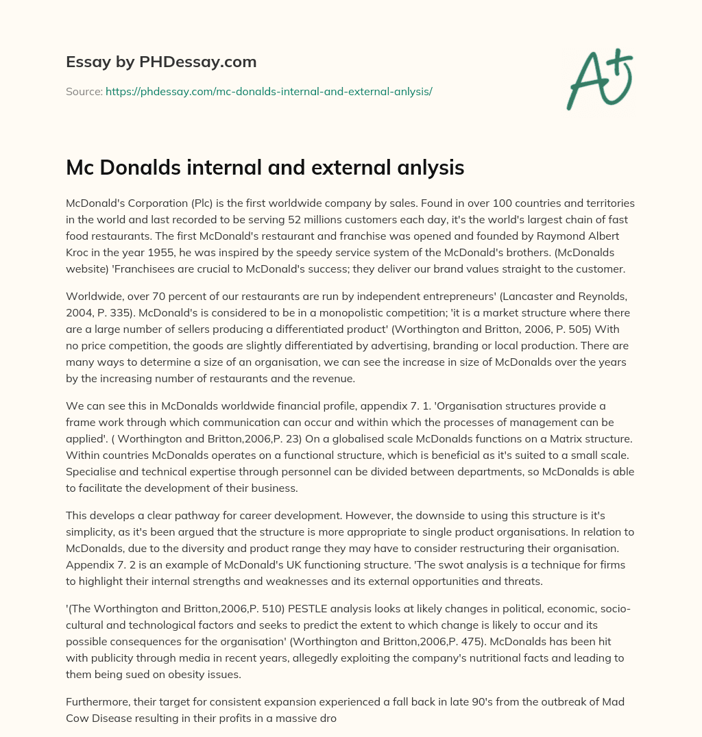 Mc Donalds internal and external anlysis essay