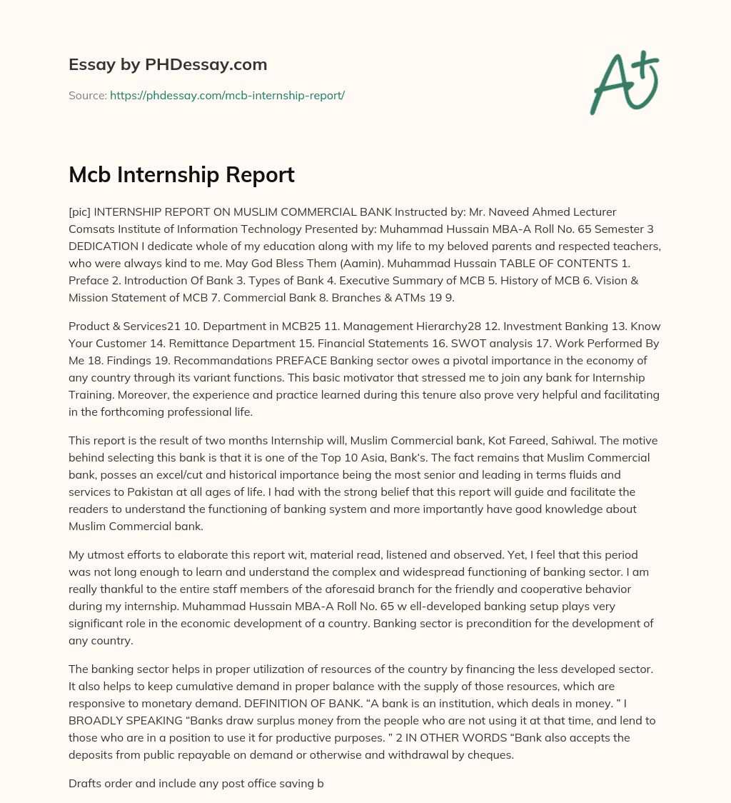 Mcb Internship Report essay