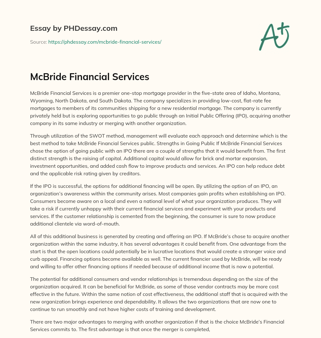 McBride Financial Services essay