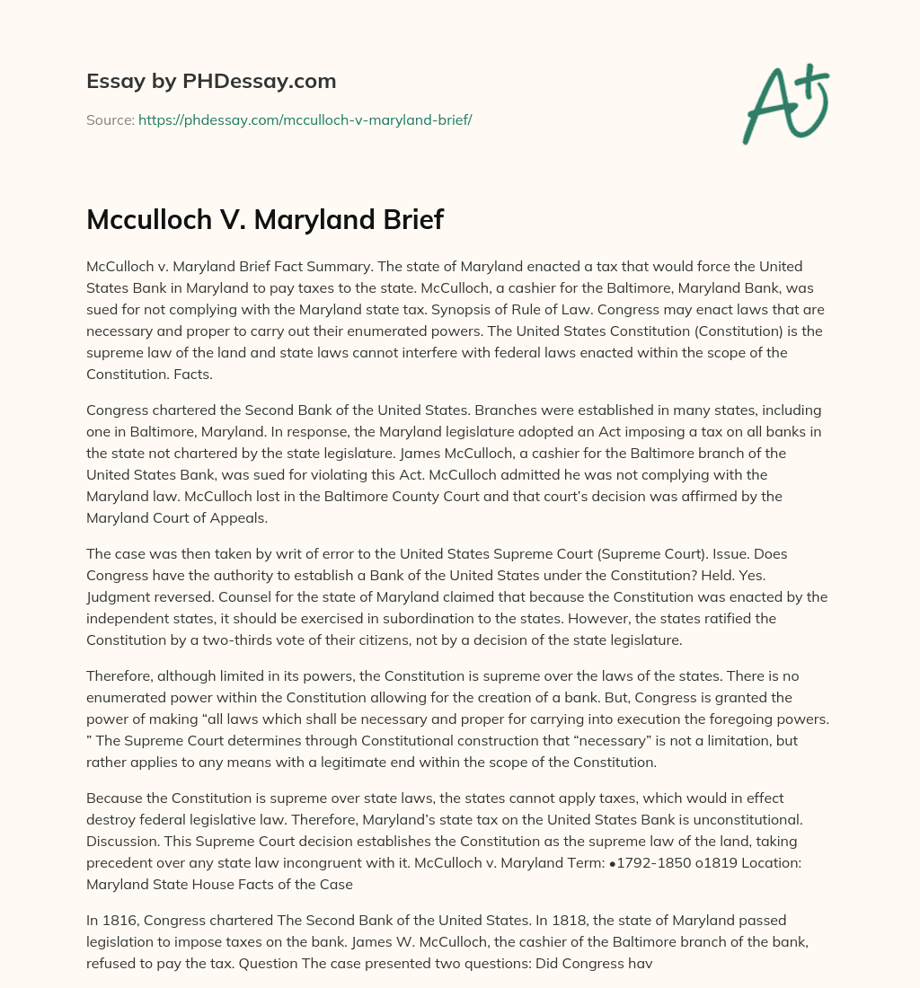Mcculloch V. Maryland Brief essay