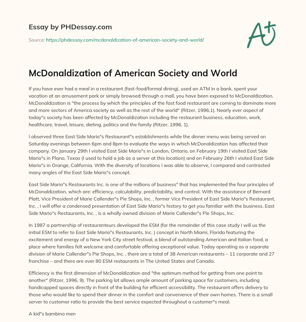 McDonaldization of American Society and World essay