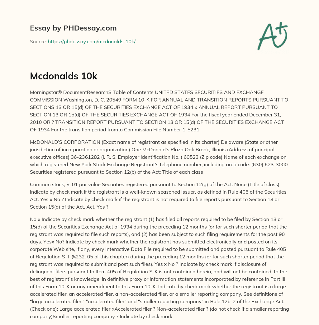 McDonald’s Corporation’s Form 10-K Filing with SEC for 2010 Fiscal Year essay