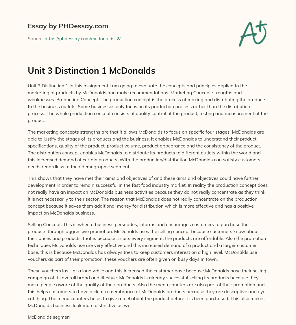 Unit 3 Distinction 1 McDonalds essay