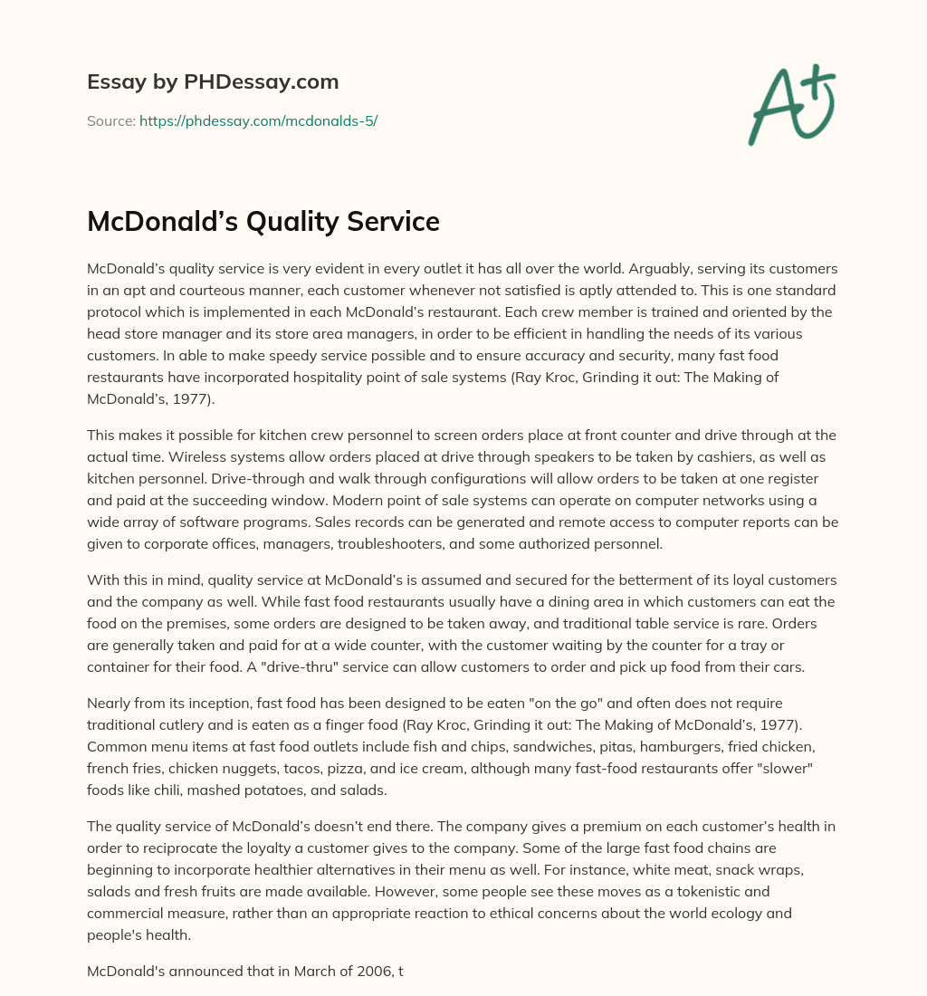 McDonald’s Quality Service essay