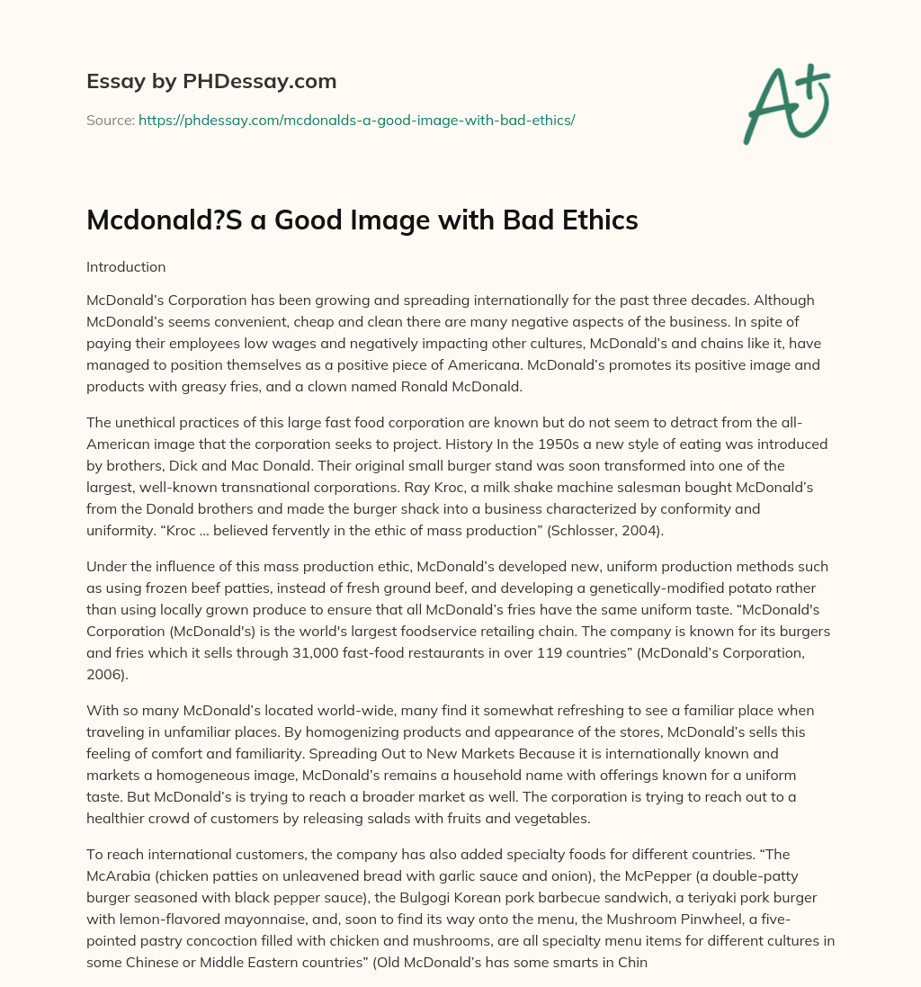 Mcdonald?S a Good Image with Bad Ethics essay