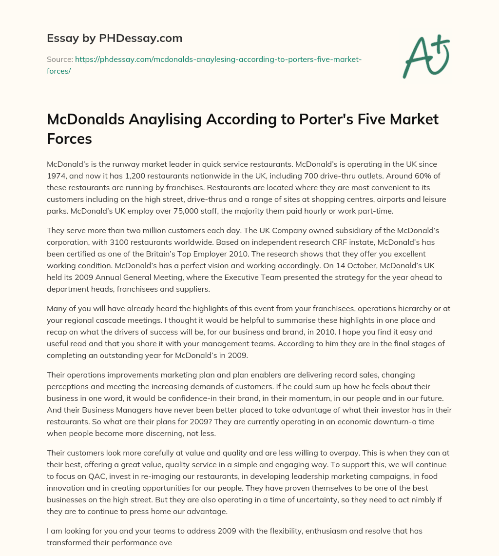 McDonalds Anaylising According to Porter’s Five Market Forces essay