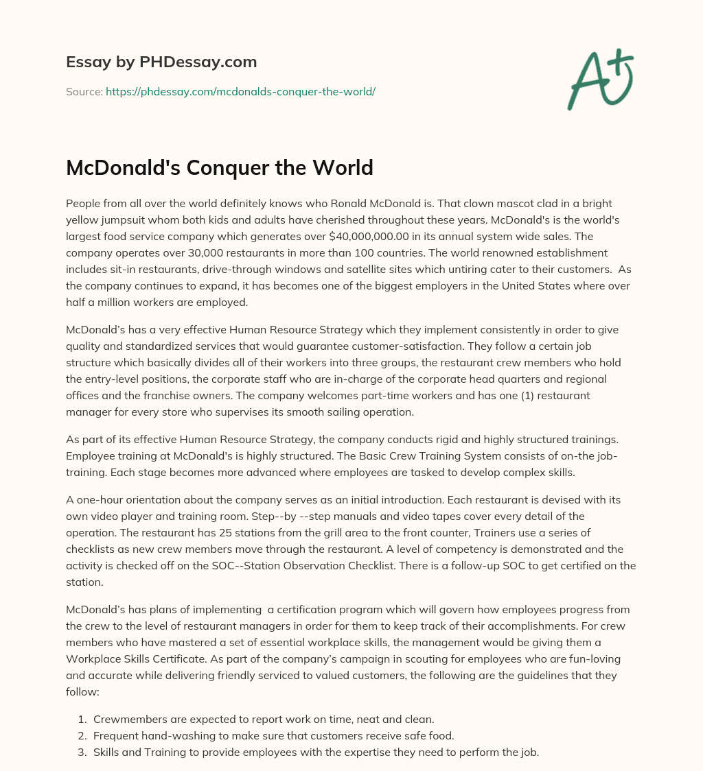 McDonald’s Conquer the World essay