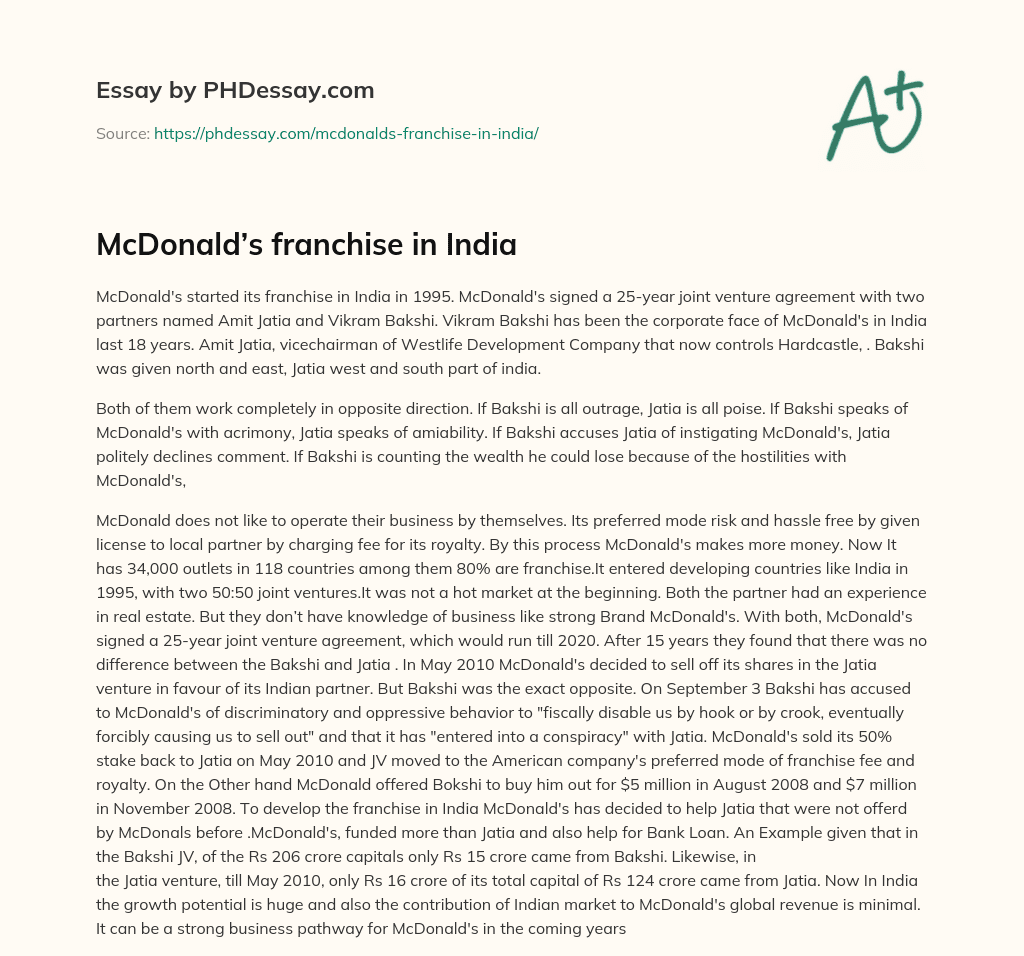 McDonald’s franchise in India essay
