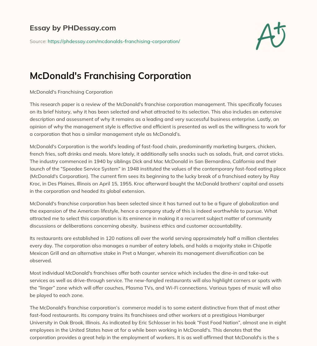 McDonald’s Franchising Corporation essay