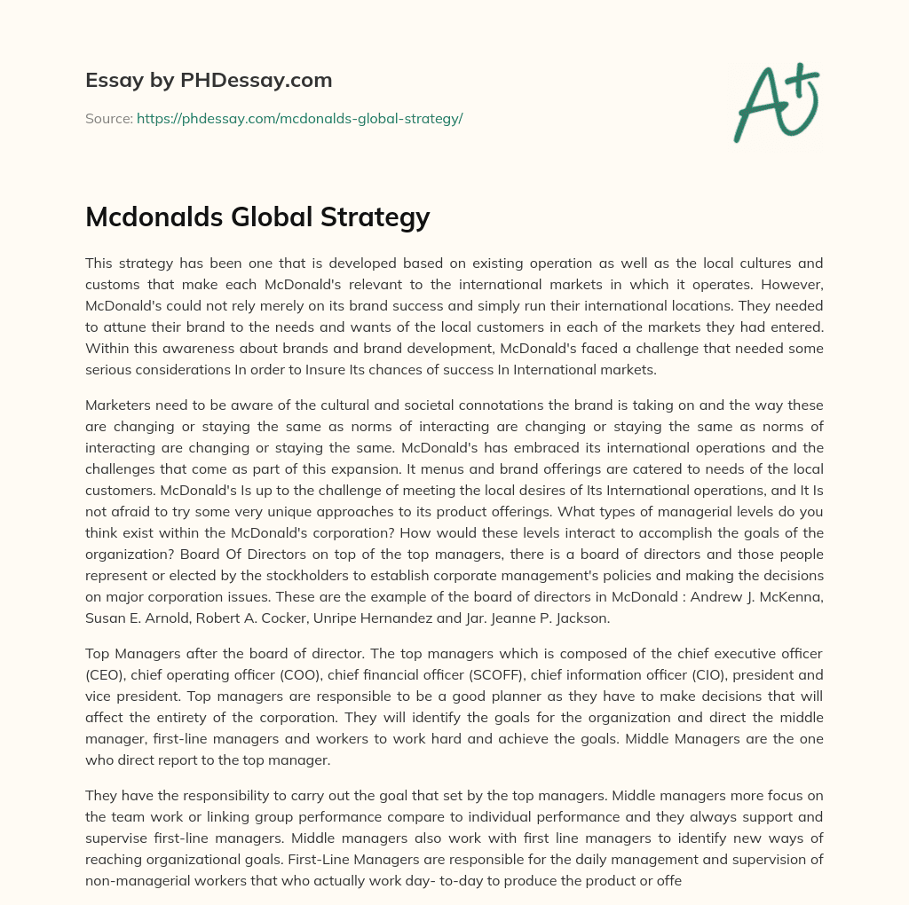 Mcdonalds Global Strategy essay
