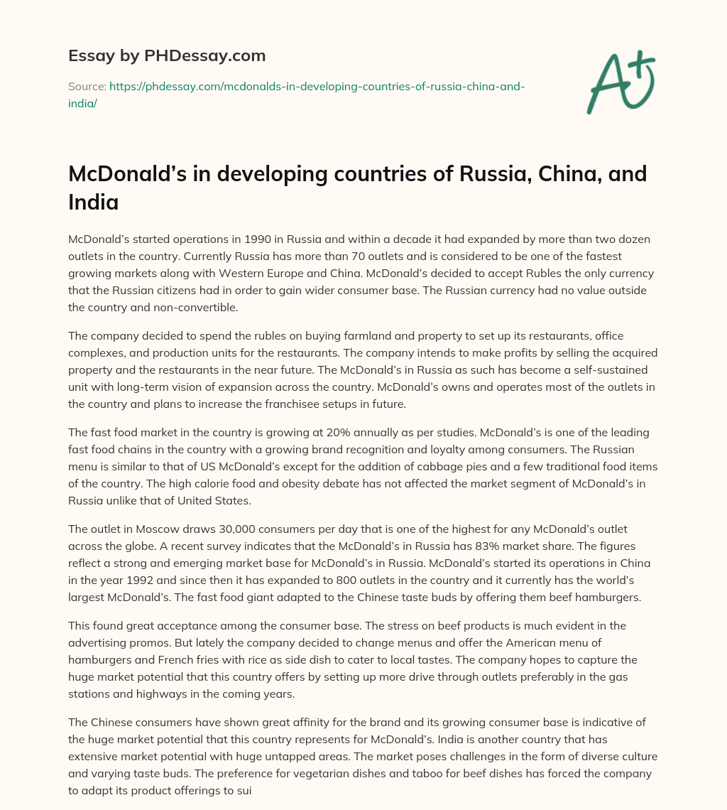 McDonald’s in developing countries of Russia, China, and India essay