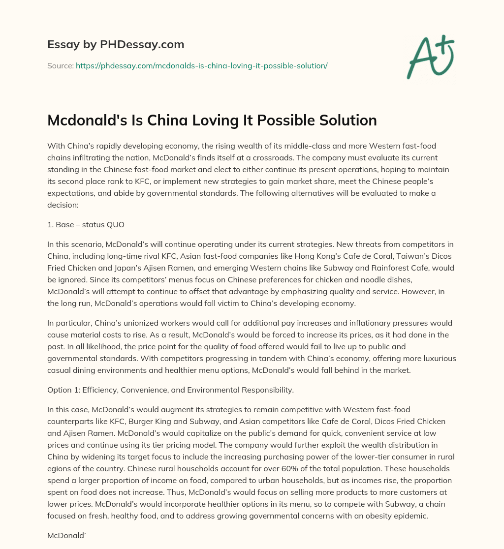 Mcdonald’s Is China Loving It Possible Solution essay