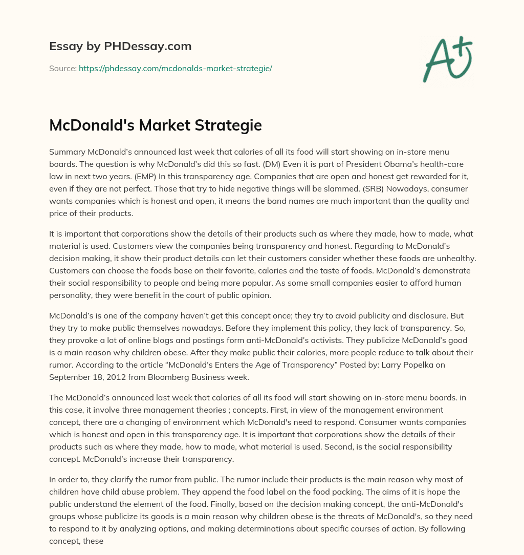 McDonald’s Market Strategie essay