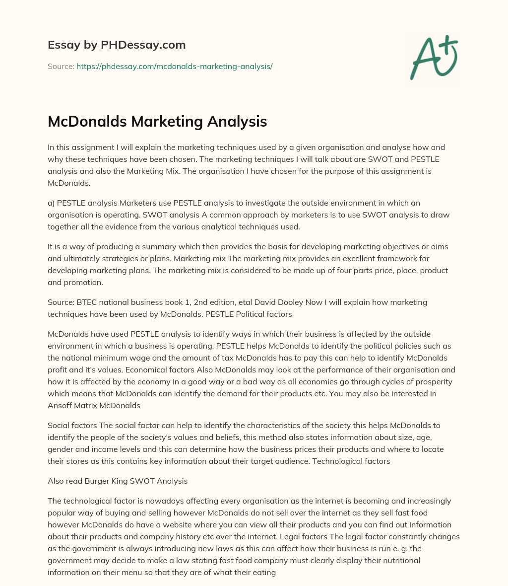 McDonalds Marketing Analysis essay