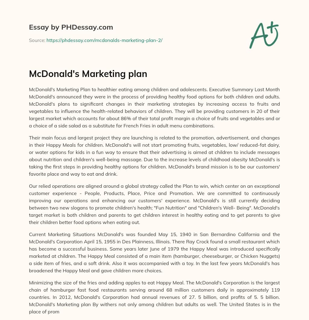 McDonald’s Marketing Plan for Healthier Eating Among Children and Adolescents essay