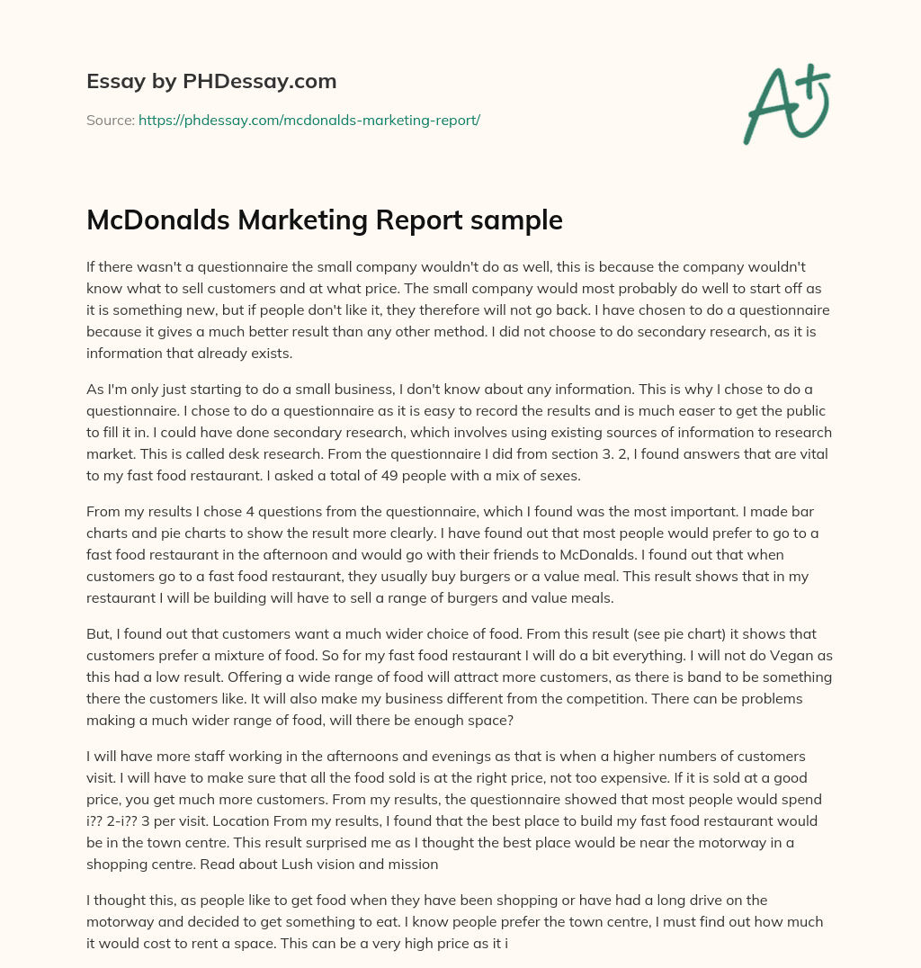 McDonalds Marketing Report sample essay