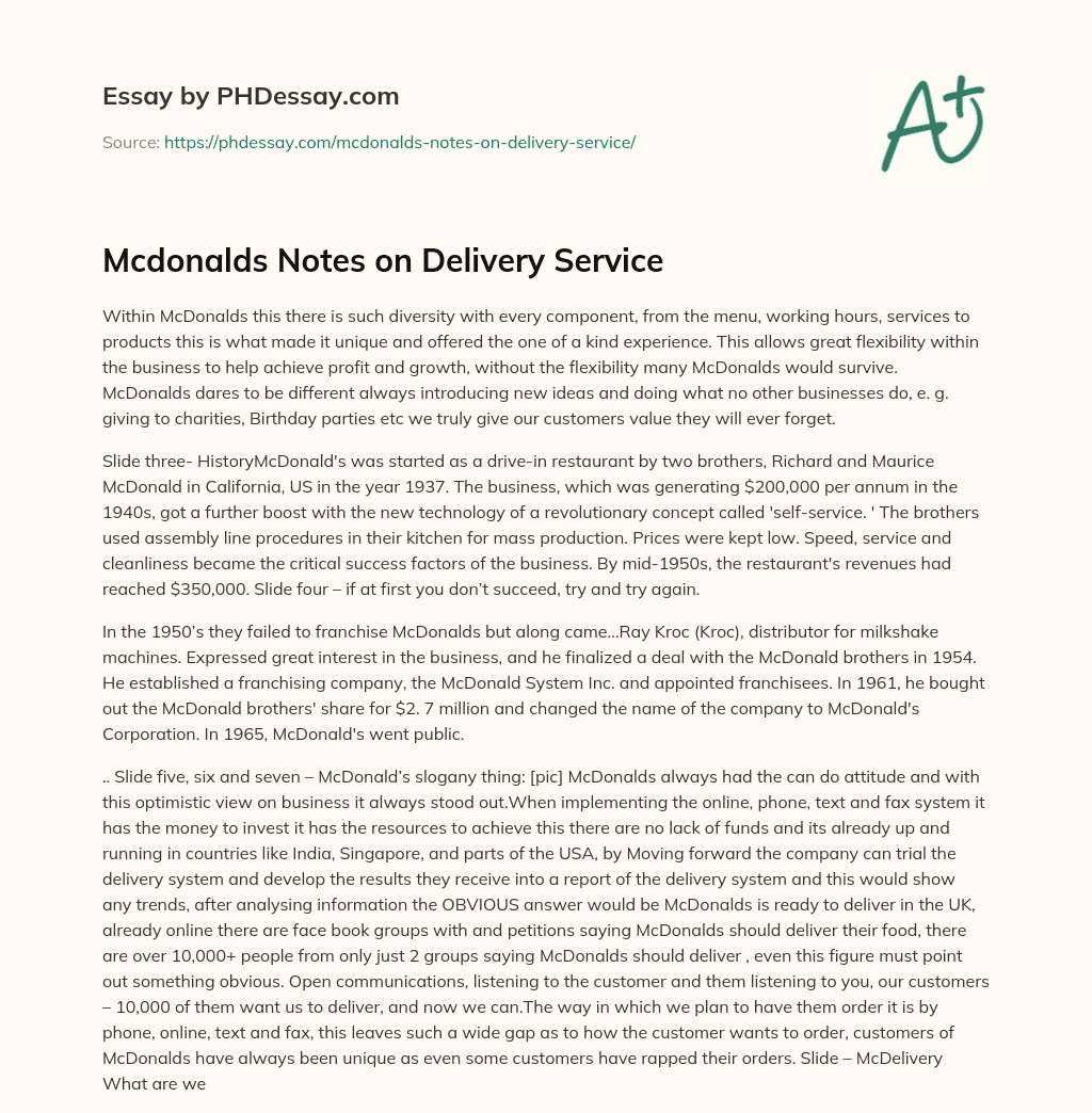 Mcdonalds Notes on Delivery Service essay