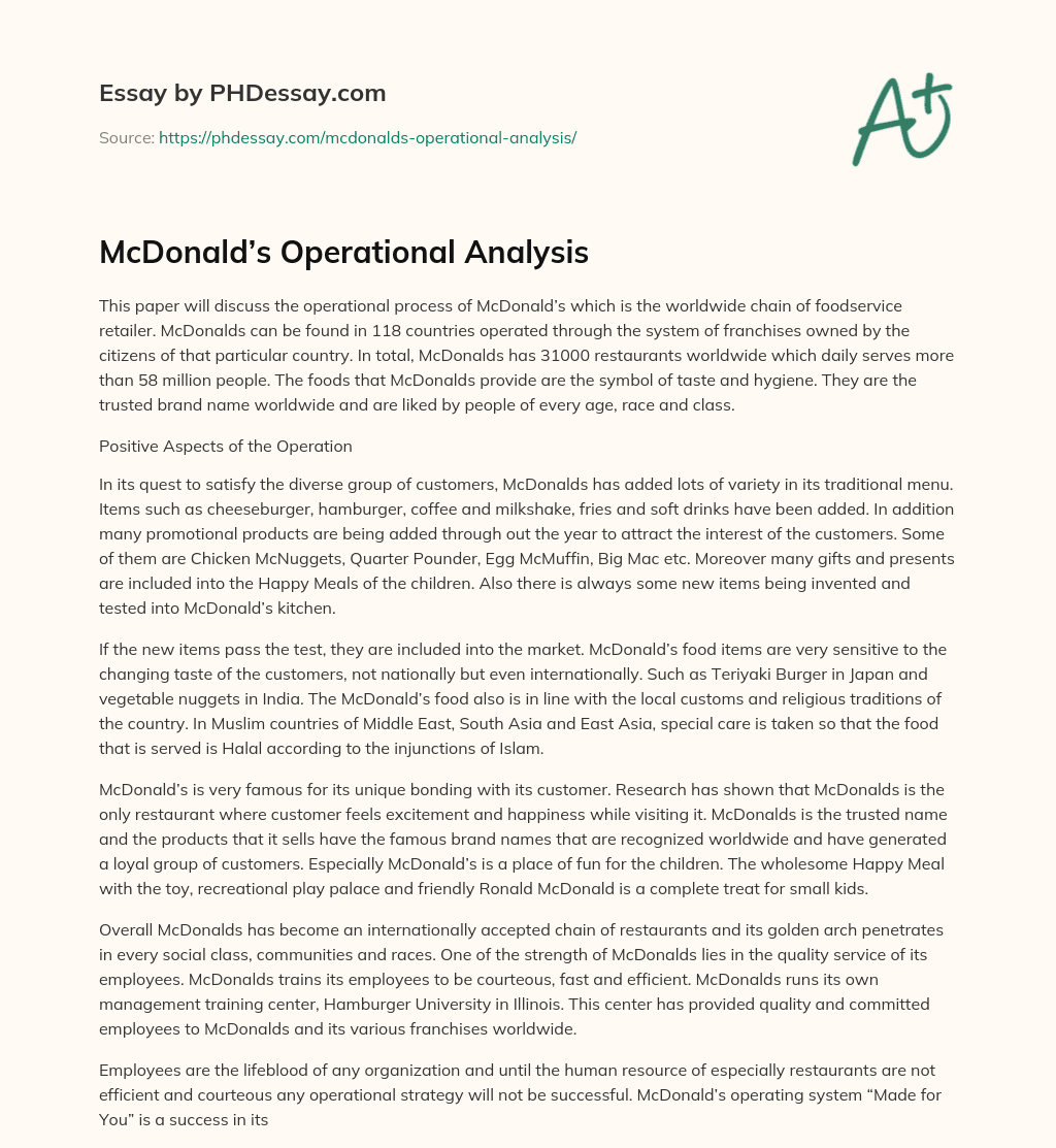 McDonald’s Operational Analysis essay