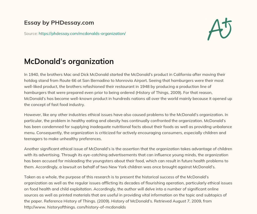 McDonald’s organization essay