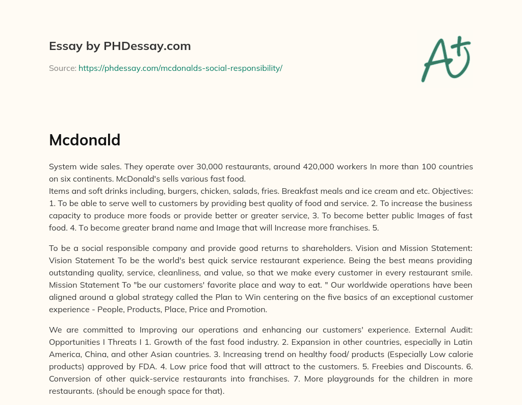 McDonald’s: System Wide Sales in 100+ Countries essay