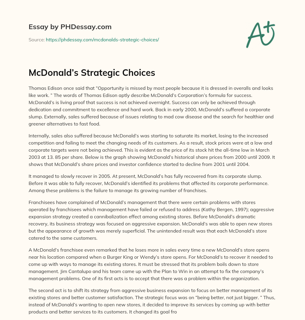 McDonald’s Strategic Choices essay