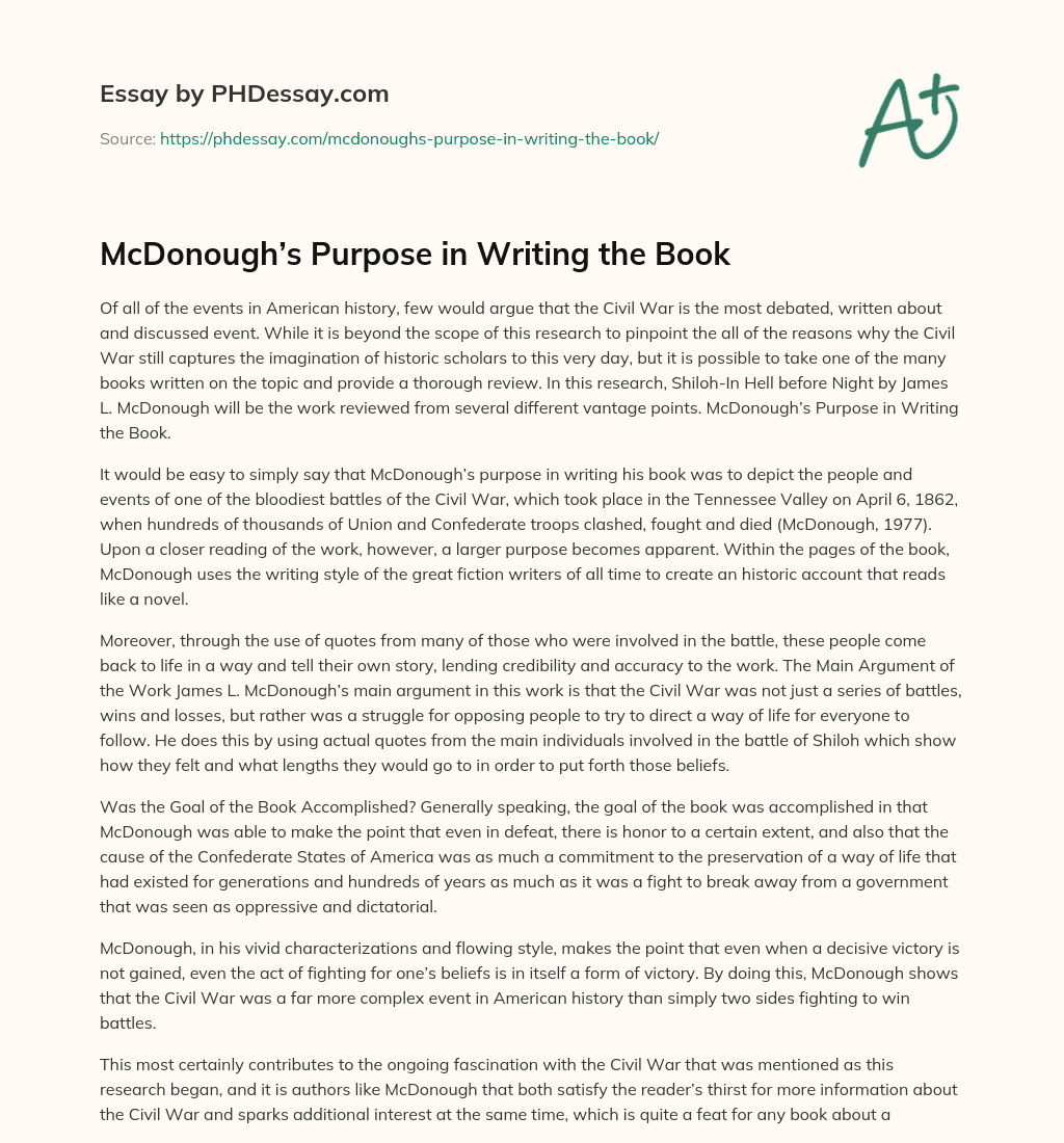 McDonough’s Purpose in Writing the Book essay